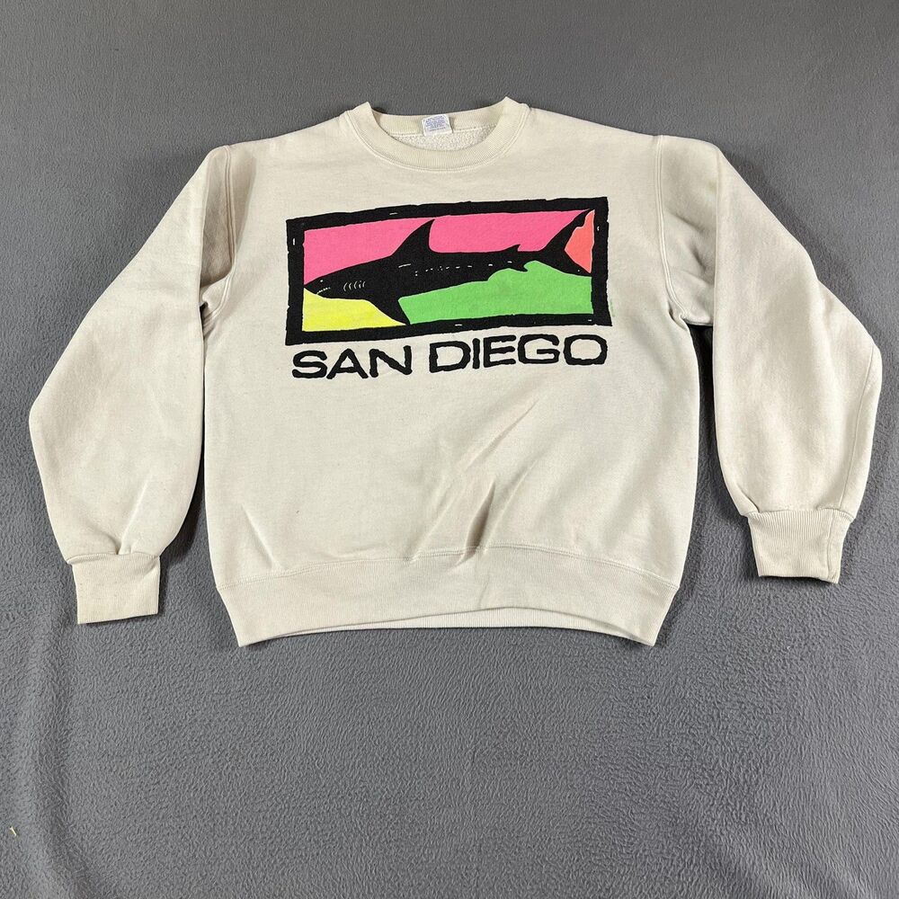 Vintage Crazy Shirts Sweatshirt Mens Medium Beige San Diego Shark Graphic USA